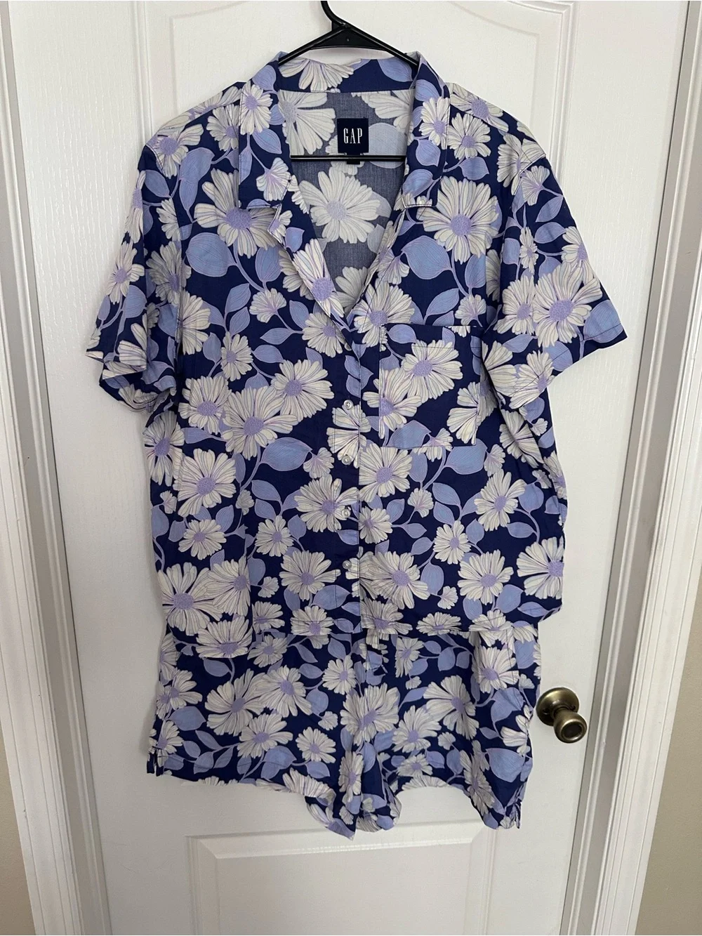 GAP Floral Cotton Pajama Set XL Top & Shorts Blue White Daisy Matching Sleepwear